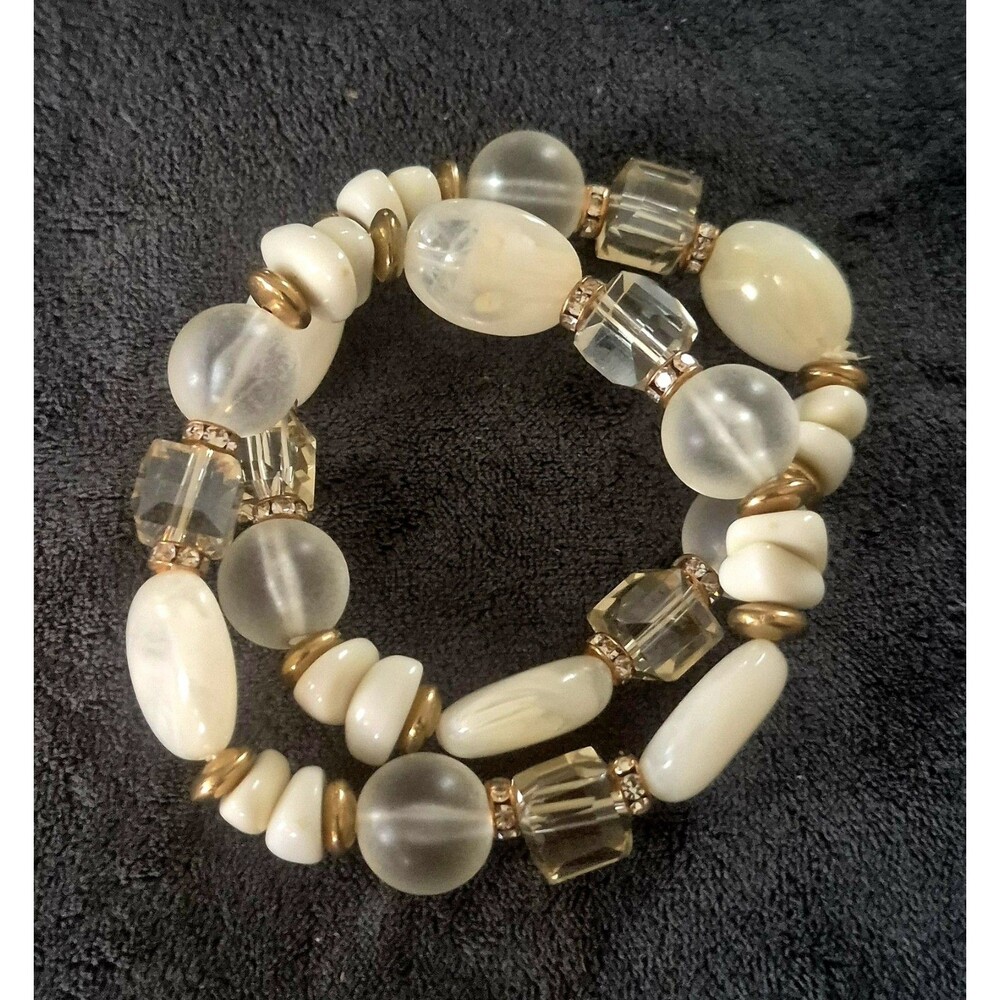 MCM Style White Opaque Frosted Glass Acrylic Bead Statement Bracelets Set Of 2